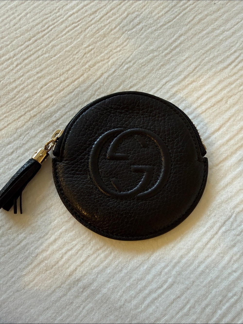 Gucci Black Leather Round Coin & Key Pouch with Tassel
